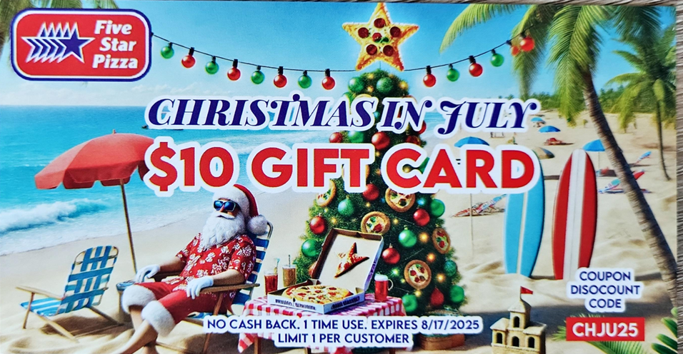 five star pizza christmas in july gift card